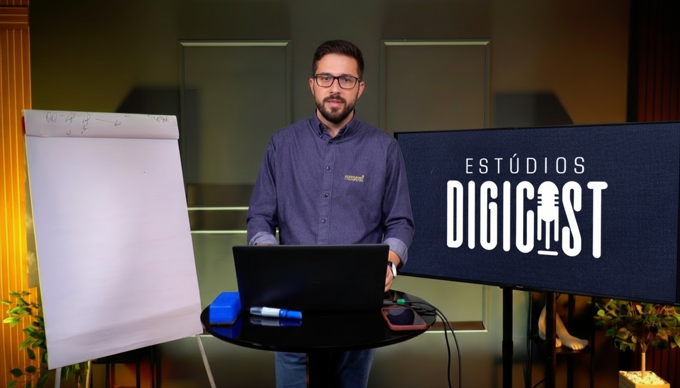 Cenário adaptável do estúdio Focus para gravação de soluções empresariais.